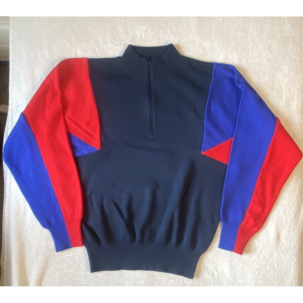 VTG Ski Sweater Mens Large Blue Red Opening Clown Gaper Day‎ Ski School 80s 90s